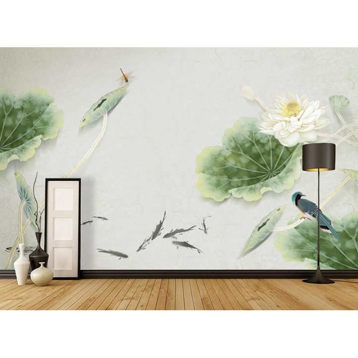 Peinture asiatique zen - Lotus blanc, oiseau bleu, libellule rouge, poisson noir sur fond gris