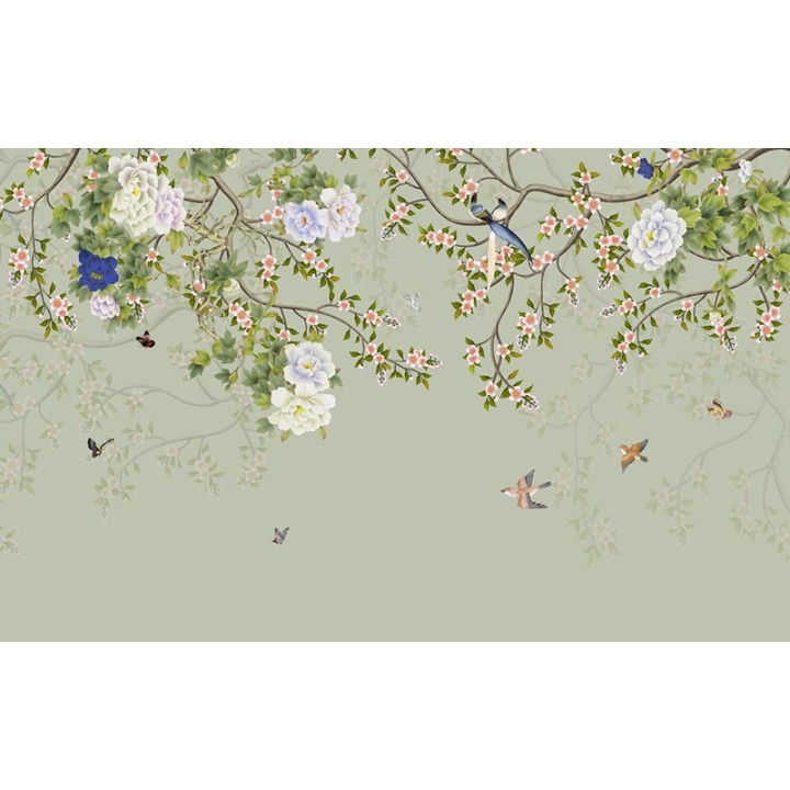 Arbres en fleurs, pivoines, oiseaux et papillons, fond vert pastel