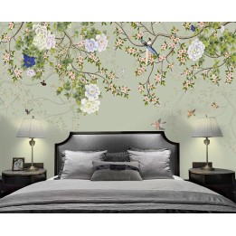 Arbres en fleurs, pivoines, oiseaux et papillons, fond vert pastel