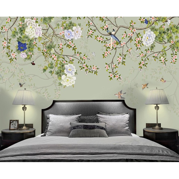 Arbres en fleurs, pivoines, oiseaux et papillons, fond vert pastel