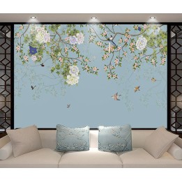 Arbres en fleurs, pivoines, oiseaux et papillons, fond bleu pastel