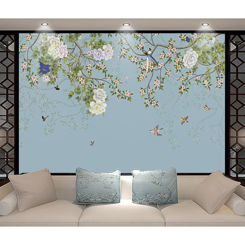 Fine decor chic floral chinoiseries oiseaux papier peint en gris turquoise rose bleu clair neuf