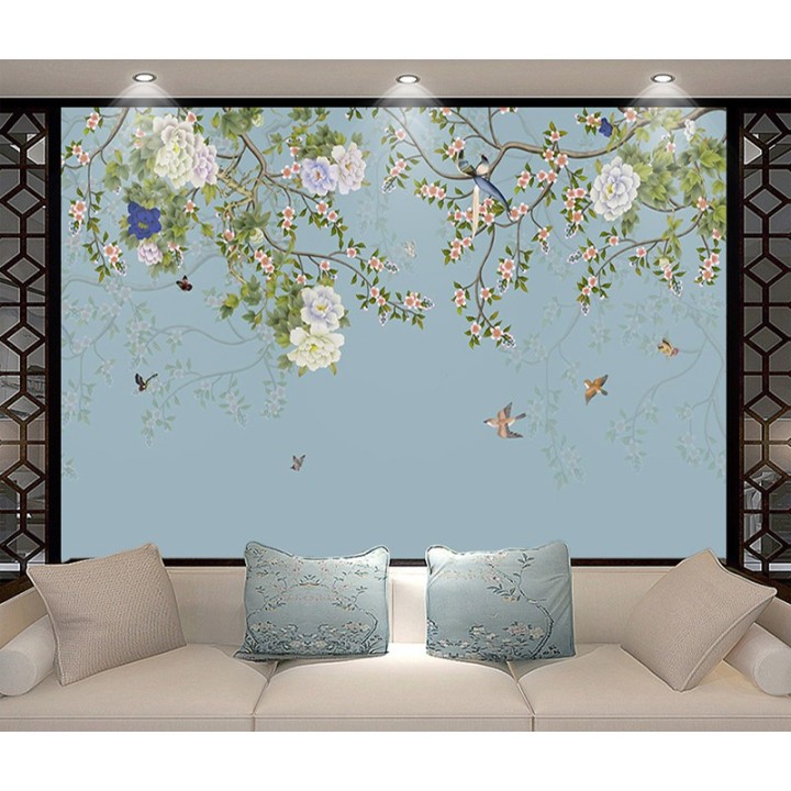 Arbres en fleurs, pivoines, oiseaux et papillons, fond bleu pastel