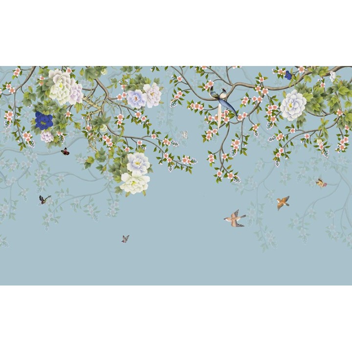 Arbres en fleurs, pivoines, oiseaux et papillons, fond bleu pastel