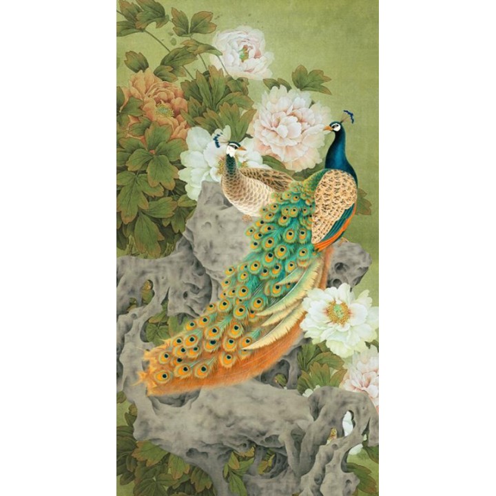 Jardin floral et oiseau exotique - Paon bleu sur rocher avec pivoine, fond vert aspect ancien