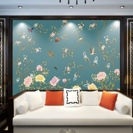 Décor floral chinoiserie - Fleurs, oiseaux et papillons sur fond vert gris