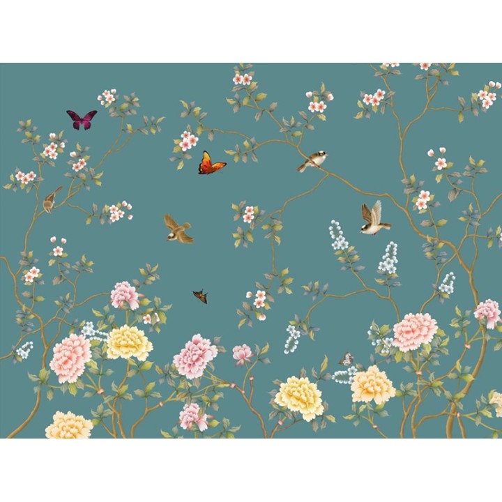 Décor floral chinoiserie - Fleurs, oiseaux et papillons sur fond vert gris