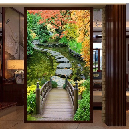 Paysage trompe l'œil 3D jardin zen - Pont en bois et pas japonais sur le bassin - Extension d'espace