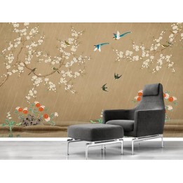 Tapisserie florale chinoiserie - Fleurs et oiseaux sous la pluie, fond marron aspect ancien