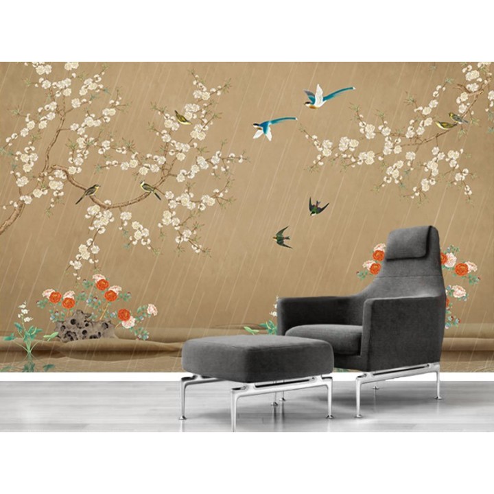 Tapisserie florale chinoiserie - Fleurs et oiseaux sous la pluie, fond marron aspect ancien