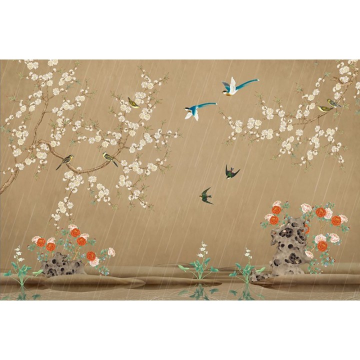 Tapisserie florale chinoiserie - Fleurs et oiseaux sous la pluie, fond marron aspect ancien