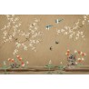 Tapisserie florale chinoiserie - Fleurs et oiseaux sous la pluie, fond marron aspect ancien