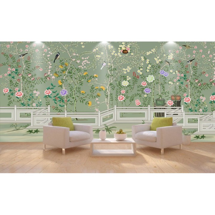 Fleurs et oiseaux dans jardin paysagé avec balustrade, fond vert pastel