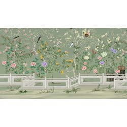Fleurs et oiseaux dans jardin paysagé avec balustrade, fond vert pastel