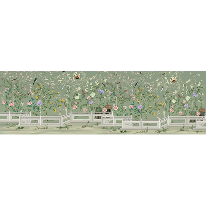 Fleurs et oiseaux dans jardin paysagé avec balustrade, fond vert pastel