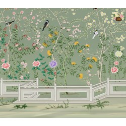 Fleurs et oiseaux dans jardin paysagé avec balustrade, fond vert pastel