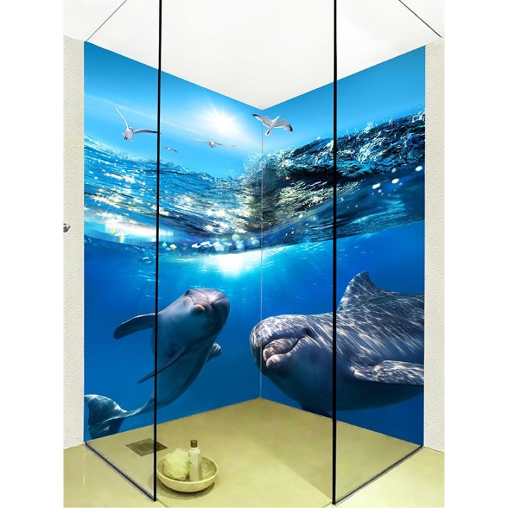 Panneau 3D étanche photo imprimée HD habillage cabine de douche - Les dauphins dans l'océan