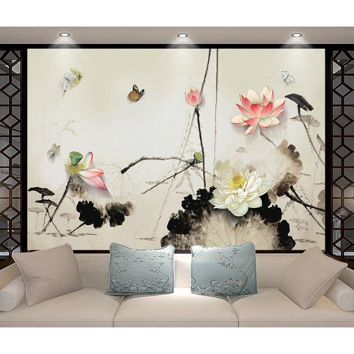Panneau chinoiserie fleur zen - Lotus et palillon en effet bas relief sur mur peint traditionnel