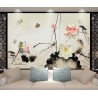 Panneau chinoiserie fleur zen - Lotus et palillon en effet bas relief sur mur peint traditionnel