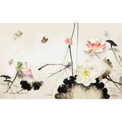 Panneau chinoiserie fleur zen - Lotus et palillon en effet bas relief sur mur peint traditionnel