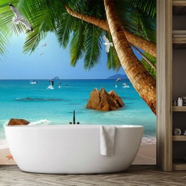 Revêtement mural en PVC photo imprimée salle de bain moderne - Plage tropicale, cocotiers et dauphins