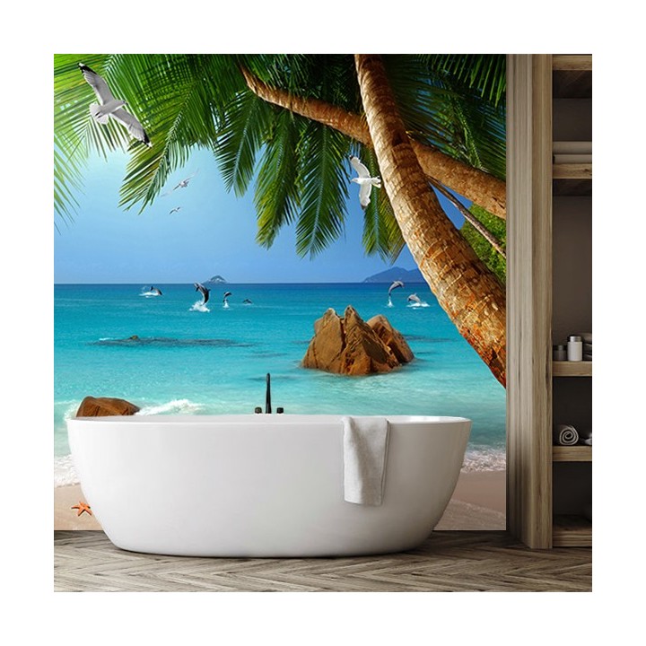 Revêtement mural en PVC photo imprimée salle de bain moderne - Plage tropicale, cocotiers et dauphins
