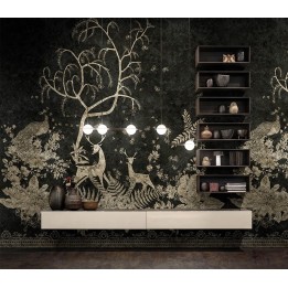 Papier peint d'artiste animaux et oiseaux sur fond noir - Cerfs sous l'arbre, paon dans les fleurs