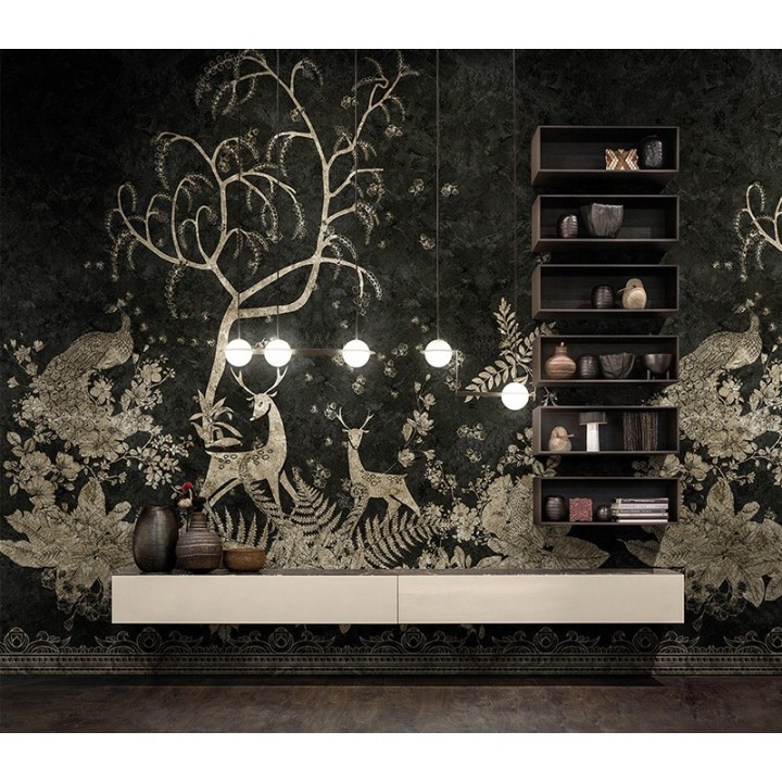 Papier peint d'artiste animaux et oiseaux sur fond noir - Cerfs sous l'arbre, paon dans les fleurs