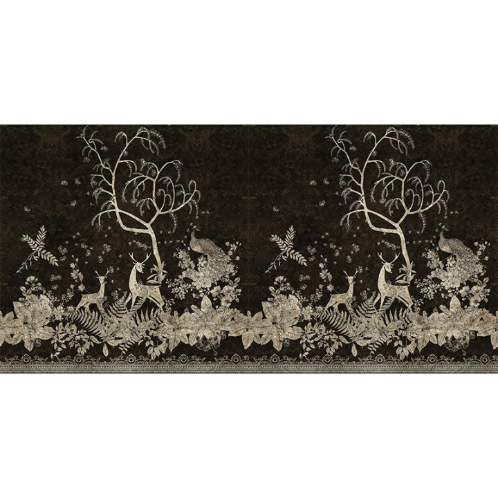 Papier peint d'artiste animaux et oiseaux sur fond noir - Cerfs sous l'arbre, paon dans les fleurs