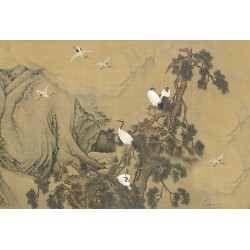 Peinture asiatique ancienne sur toile - Grue du Japon et pin dans la montagne
