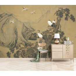 Peinture asiatique ancienne sur toile - Grue du Japon et pin dans la montagne