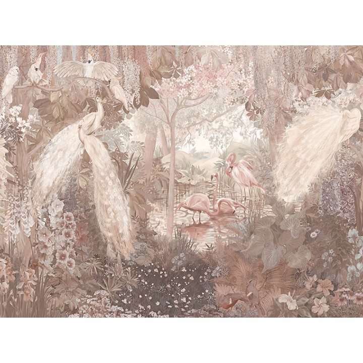 Jungle enchantée - Oiseaux exotiques et fleurs tropicales - Couleur chaude effet sépia