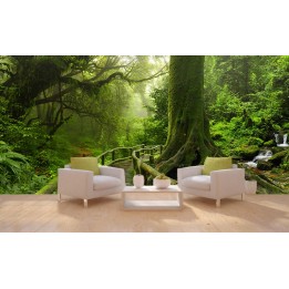 Panneau mural trompe l'œil 3D photoréaliste - Pont en bois dans la forêt primaire
