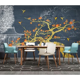 Panneau japonais zen bleu gris argenté - Arbre de mei et oiseaux, bâtiment traditionnel, paysage montagne et eau