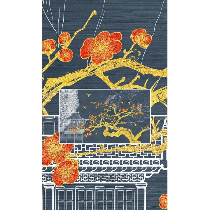 Panneau japonais zen bleu gris argenté - Arbre de mei et oiseaux, bâtiment traditionnel, paysage montagne et eau