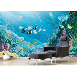 Papier peint bleu bébé enfant dessin coloré fond marin poisson
