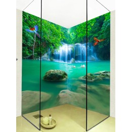 Habillage étanche PVC imprimé photoréaliste effet 3D - Cascade dans la forêt avec perroquet, décoration parois de douche