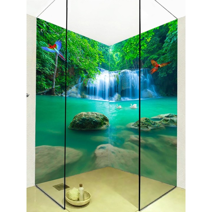 Habillage étanche PVC imprimé photoréaliste effet 3D - Cascade dans la forêt avec perroquet, décoration parois de douche