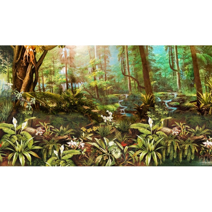 Sous bois dans la jungle avec panthère et perroquets
