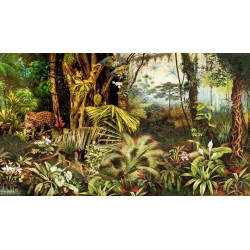 Sous bois dans la jungle avec panthère et perroquets