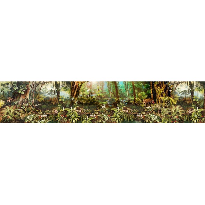 Sous bois dans la jungle avec panthère et perroquets