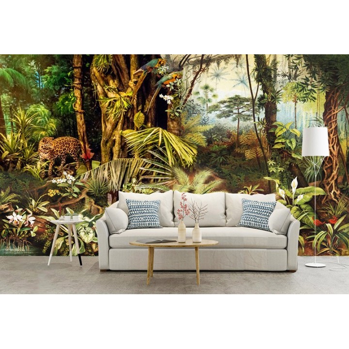 Sous bois dans la jungle avec panthère et perroquets
