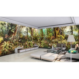Sous bois dans la jungle avec panthère et perroquets
