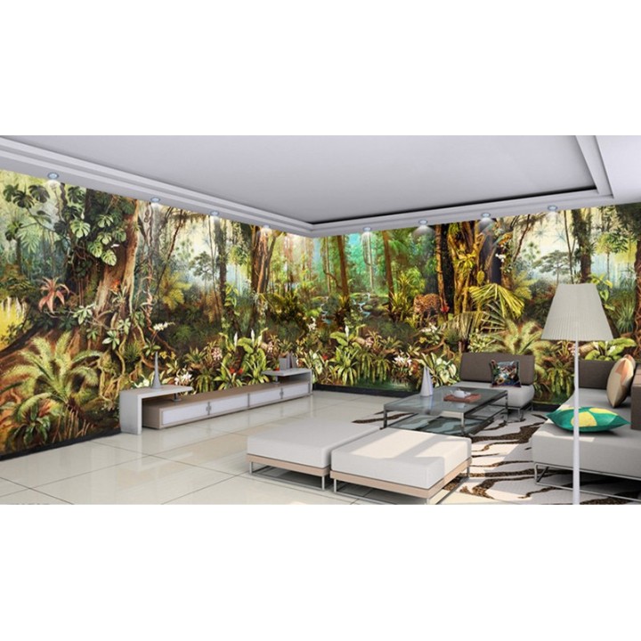 Sous bois dans la jungle avec panthère et perroquets