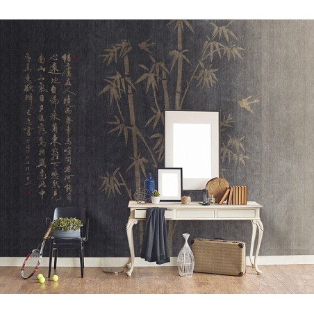 Tapisserie murale beige or - Bambou et calligraphie chinoise sur fond noir, effet textile