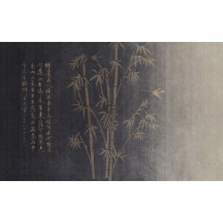 Tapisserie murale beige or - Bambou et calligraphie chinoise sur fond noir, effet textile