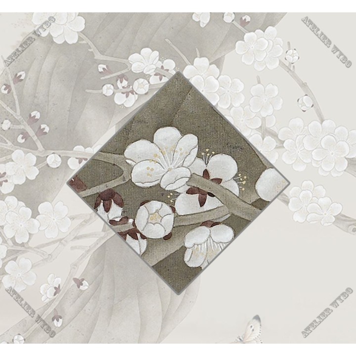 Paysage de la montagne avec fleurs et oiseaux - Perroquets et papillons dans l'arbre de mei sur fond beige