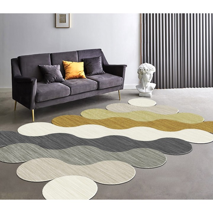 Tapis contemporain inspiration vague, couleur blanc, beige, gris, jaune, or