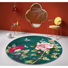 Tapis chinois fleur rose et rouge - Pivoine avec papillon sur fond vert foncé