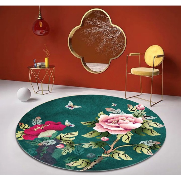 Tapis chinois fleur rose et rouge - Pivoine avec papillon sur fond vert foncé